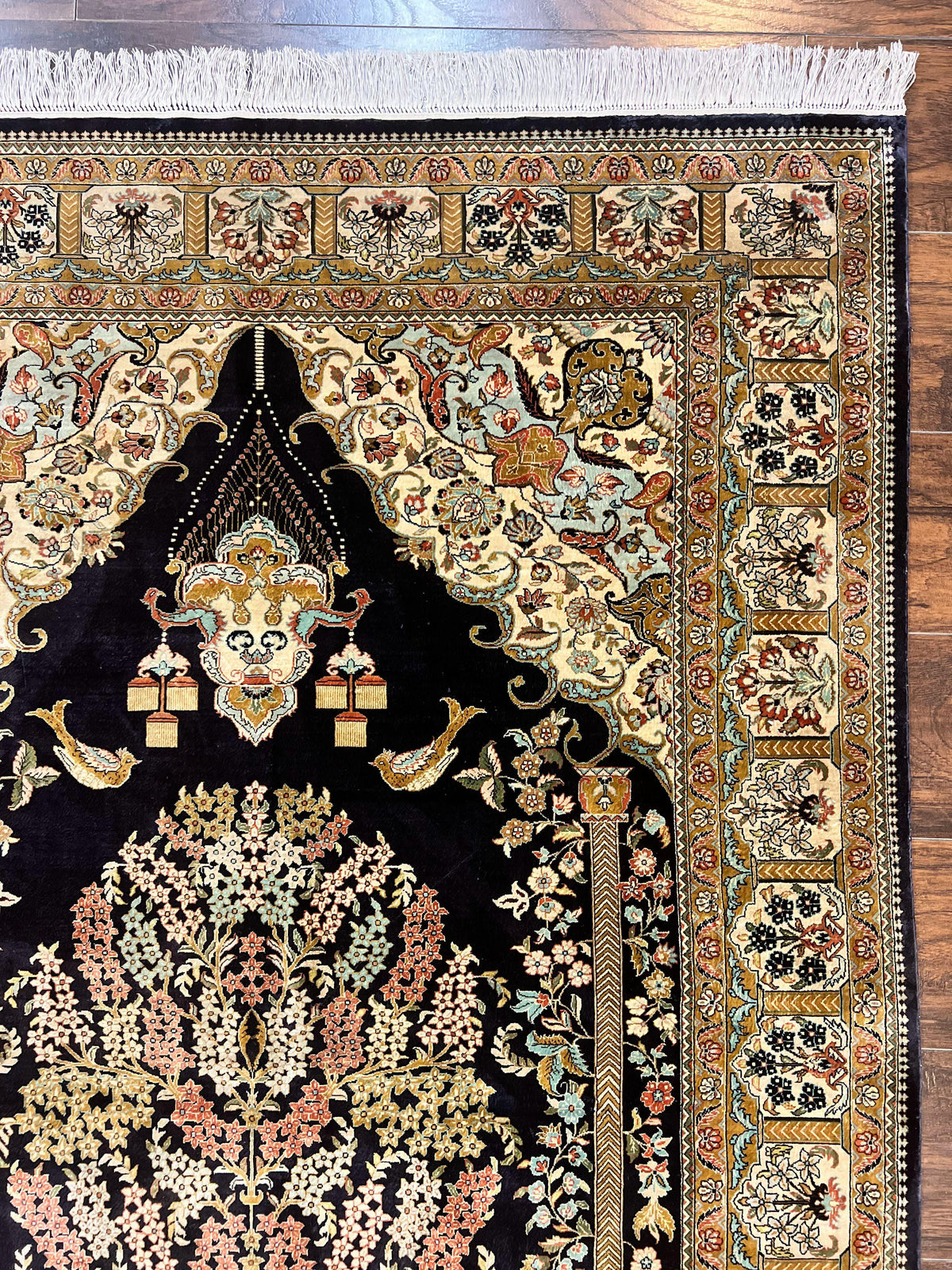 Wonderful Sino Persian Silk Rug 4x6, Tree of LIfe Design, Masterpiece 575 KPSI, Birds, Prayer Rug, Black, Silk on Silk - Jewel Rugs, view 6
