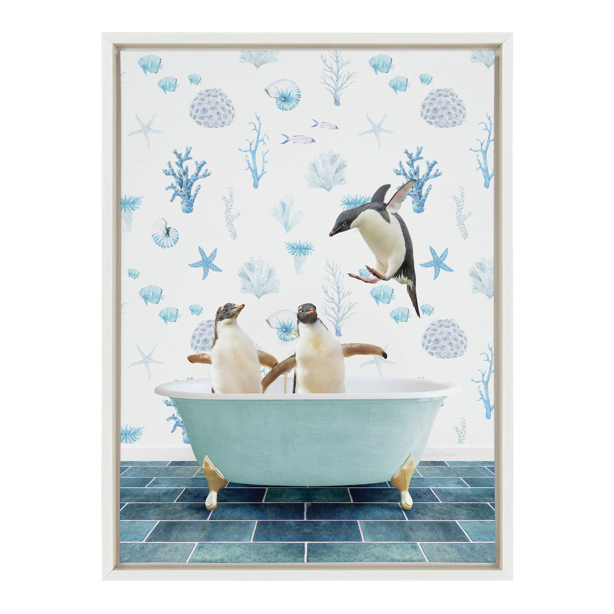 Sylvie Penguins In Under the Sea Bath Framed Canvas by Amy Peterson Art Studio
