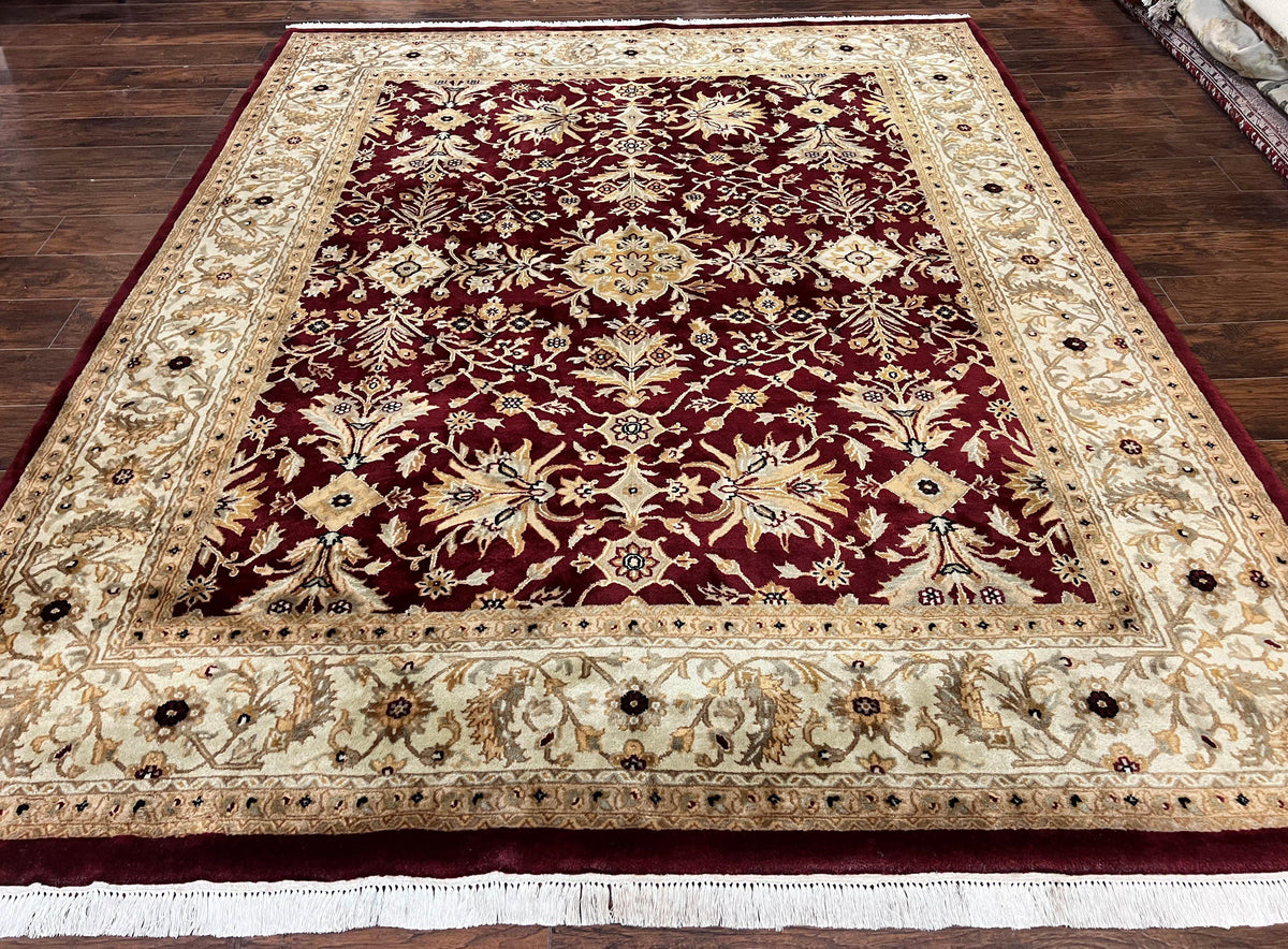 Vintage Indo Mahal Rug 8x10, Hand Knotted Wool Maroon & Beige Indian Agra Oriental Carpet, 8x10 ft Traditional Handmade Area Rug, Room Sized - Jewel Rugs