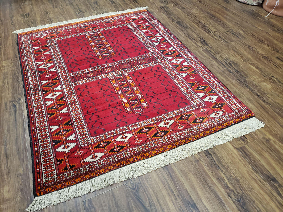 Antique Persian Turkoman Rug 4x5, Hatchli Tekkeh Ersari Red Tribal Rug, Handmade Wool Oriental Carpet, Four Seasons Rug - Jewel Rugs, view 11