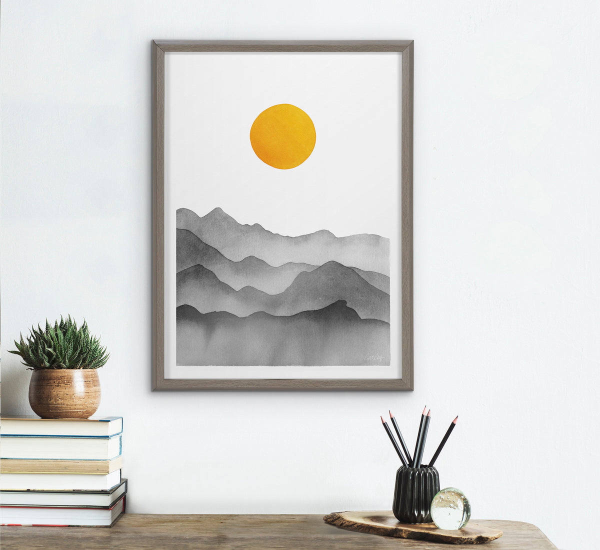 Blake Black Yellow Mountain Range Silhouette Framed Printed Glass by Cat Coquillette
