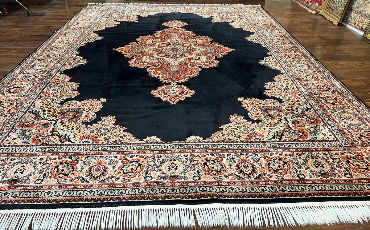 Karastan Rug 10x13, Karastan Ebony Kirman Rug, Room SIzed Wool Pile Vintage Karastan Carpet, Belgium Power Loomed Rug, Black Semi Open Field - Jewel Rugs