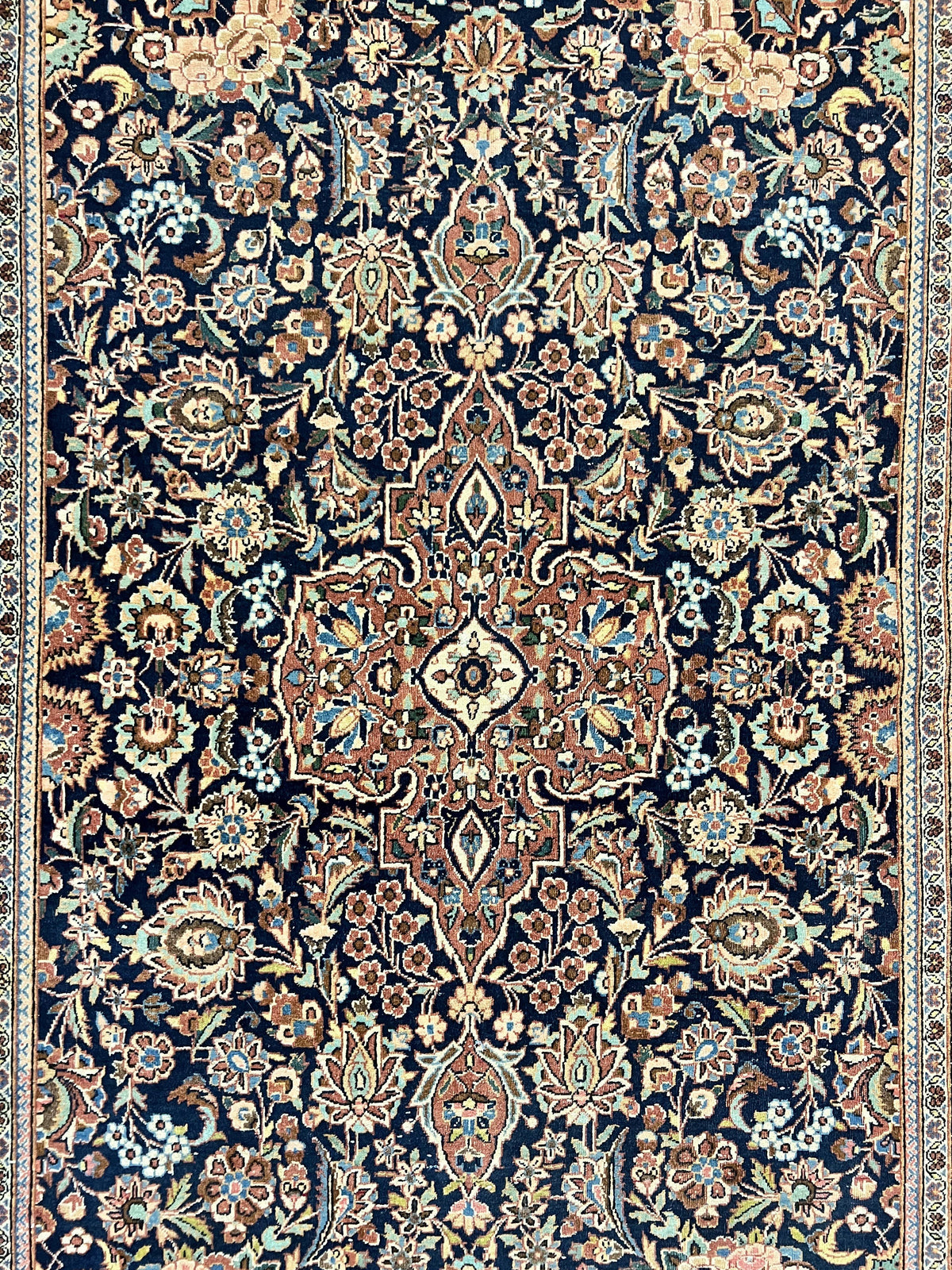 Persian Kashan Rug 4x7, Floral Medallion Vintage Handmade Hand Knotted Navy Blue & Red Wool Oriental Carpet, Highly Detailed Semi Antique Rug - Jewel Rugs, view 5