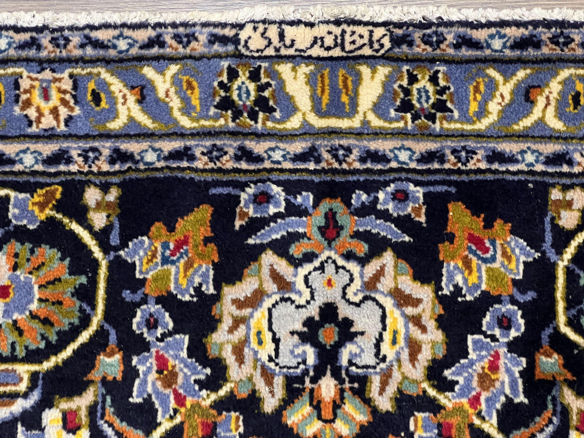 Wonderful Navy Blue Persian Kashan Rug 11x13, Allover Floral Design with Central Medallion, Wool Hand-Knotted Antique Carpet, Signed Rabani Rug - Jewel Rugs, view 3