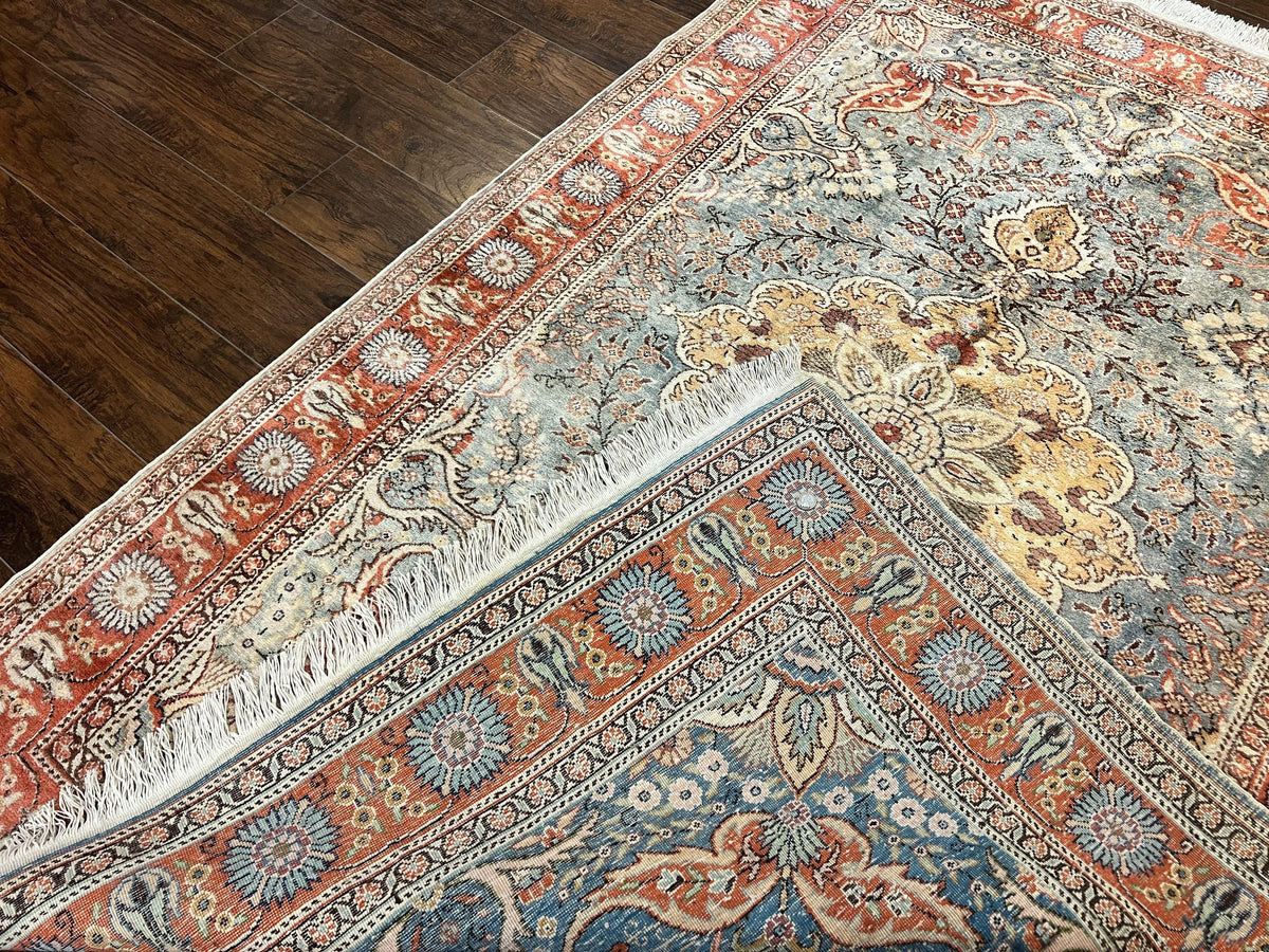Silk Turkish Rug 5x7, Light Blue Silk Carpet, Floral Medallion, Turkish Kayseri Rug, Vintage Handmade Oriental Rug - Jewel Rugs, view 10