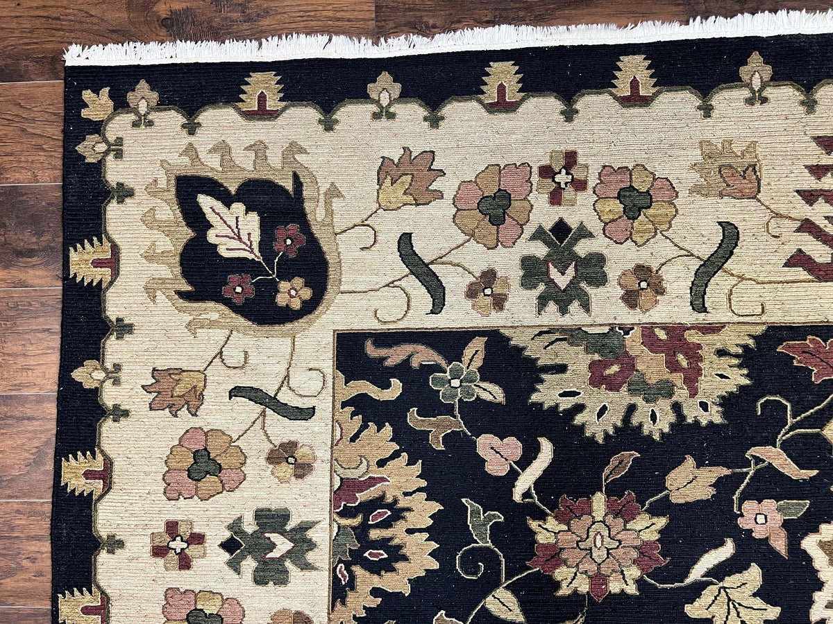 Indo Persian Rug 10x14, Wool Handmade Room Sized Floral Oriental Carpet, Indian Mahal Flatweave Rug, Black Beige - Jewel Rugs, view 7
