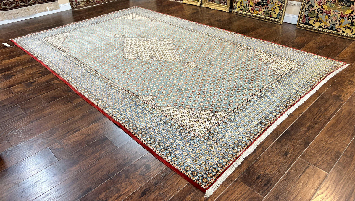 Rare Persian Rug 8x12, Qum Rug, Repeated Star Motifs, Blue and Ivory, Fine 300 KPSI, Hand Knotted Handmade Vintage Wool Rug - Jewel Rugs, view 12