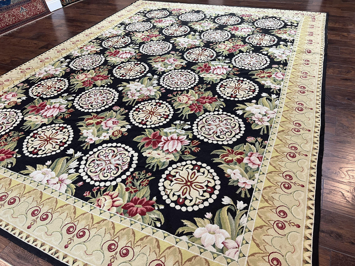 9x12 Black Needlepoint Rug, European Floral Panel Design, Handwoven, Vintage Chinese Needlepoint, Black Green Beige, Wool Rug 9 x 12 - Jewel Rugs, view 3