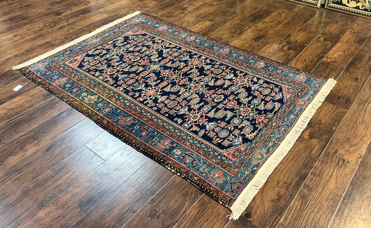 Antique Persian Tribal Rug 5x7, Navy Blue & Pink, Hand Knotted Handmade 1920s Wool Rug, Allover Pattern, Persian Hamadan Rug - Jewel Rugs, view 3