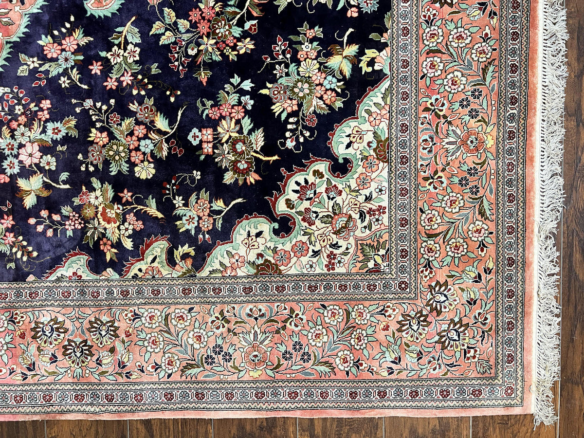 Stunning Silk Persian Qum Rug 7x9, Finely Hand Knotted Navy Blue & Salmon Floral Medallion Authentic Oriental Carpet, Vintage Handmade Silk Ghom Rug, Silk on Silk - Jewel Rugs, view 9