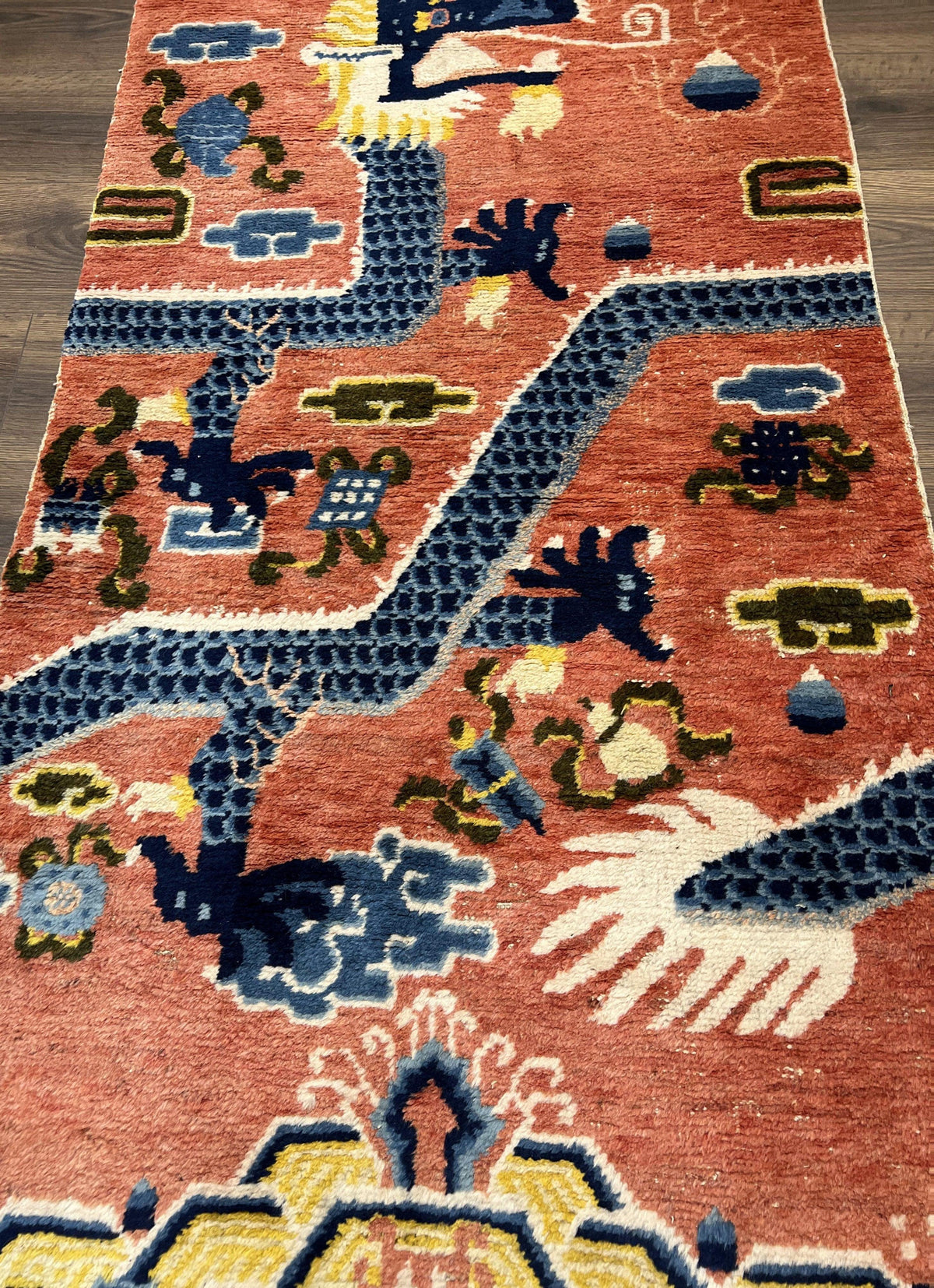 Rare Chinese Ningxia Pillar Rug 3x8, Late Qing Dynasty, 5 Clawed Dragon, Cloud Rainbow Border, Collectible Antique Carpet, Wool Hand Knotted - Jewel Rugs, view 4