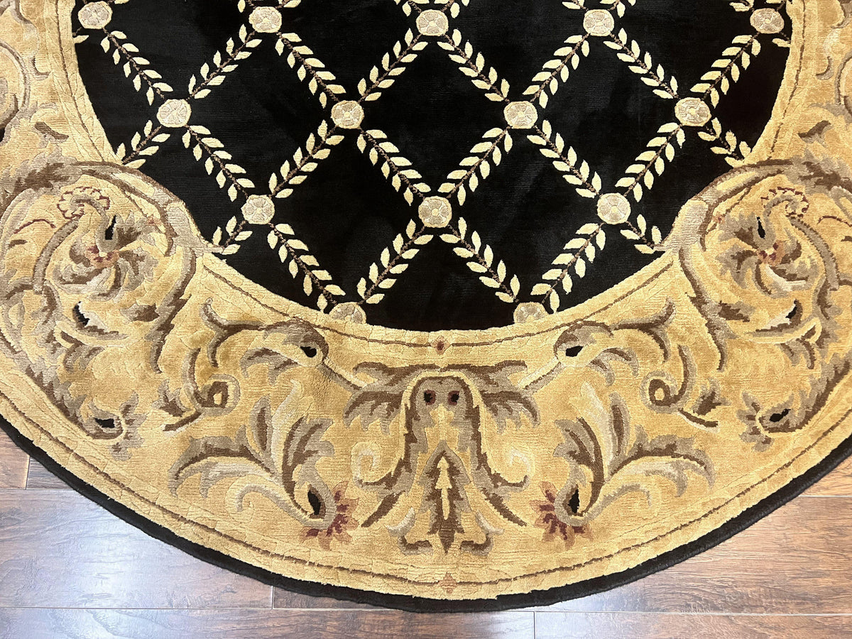 Oval Tibetan Rug 8x10, French Aubusson Design, Wool Handmade Vintage Carpet, Black & Beige, Soft Wool Pile - Jewel Rugs, view 6