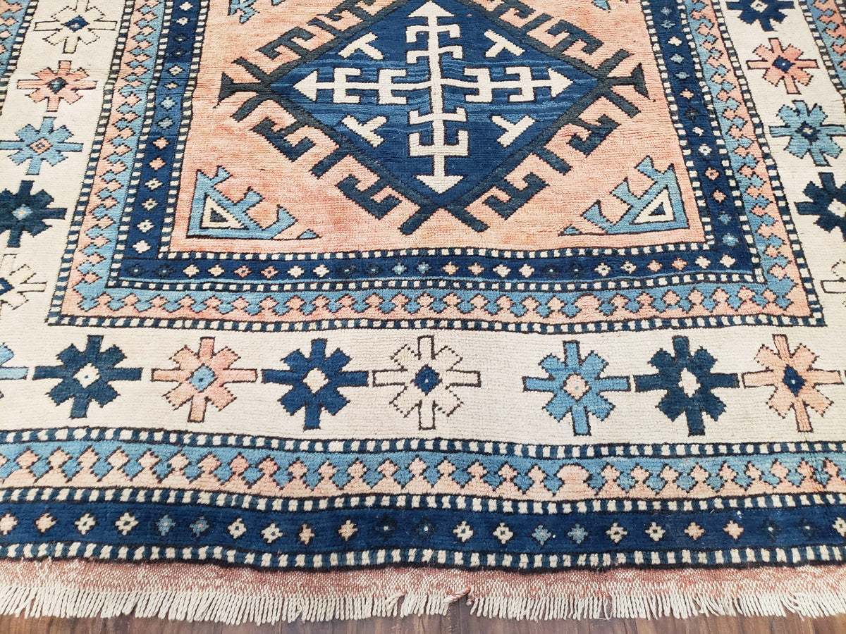 Turkish Kazak Rug 5x8 ft, Bold Geometric Bohemian Carpet, Blue and Ivory Hand Knotted Area Rug, Medium Sized High Quality Wool Oriental Rug - Jewel Rugs, view 6