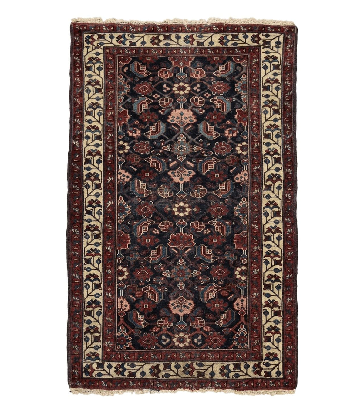 Navy Blue Antique Persian Rug 3x6, Blue and Ivory Persian Carpet, Handmade 1920s Hamadan Rug - Jewel Rugs