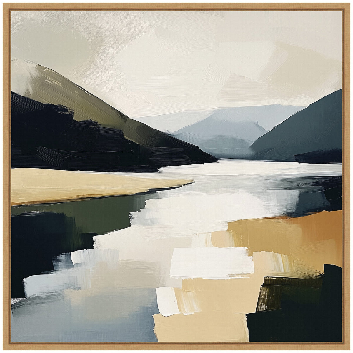 Sylvie Mountain Lake Modern Abstract Landscape Framed Canvas by The Creative Bunch Studio