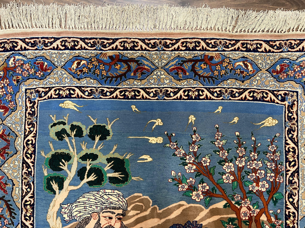 Fine Persian Isfahan Pictorial Rug 3.7 x 5, Kork Wool on Silk Foundation, Blue Persian Carpet, Hand Knotted, Humans Birds, High KPSI, Semi Antique - Jewel Rugs, view 4