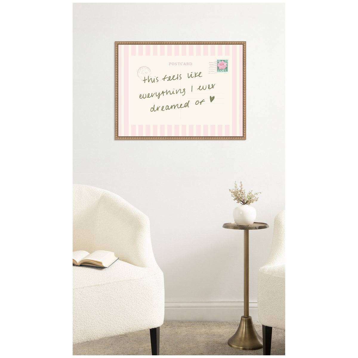 Vintage Postcard Print Pink Stripe Travel Dream by Lucky Guava Framed Canvas Wall Art Print