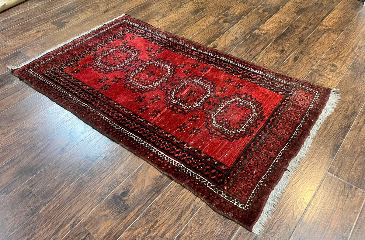 Afghan Rug 3x6, Semi Antique Vintage Oriental Carpet, Wool Handmade Red Rug, Tribal Rug, Afghan Beshir Rug - Jewel Rugs, view 3