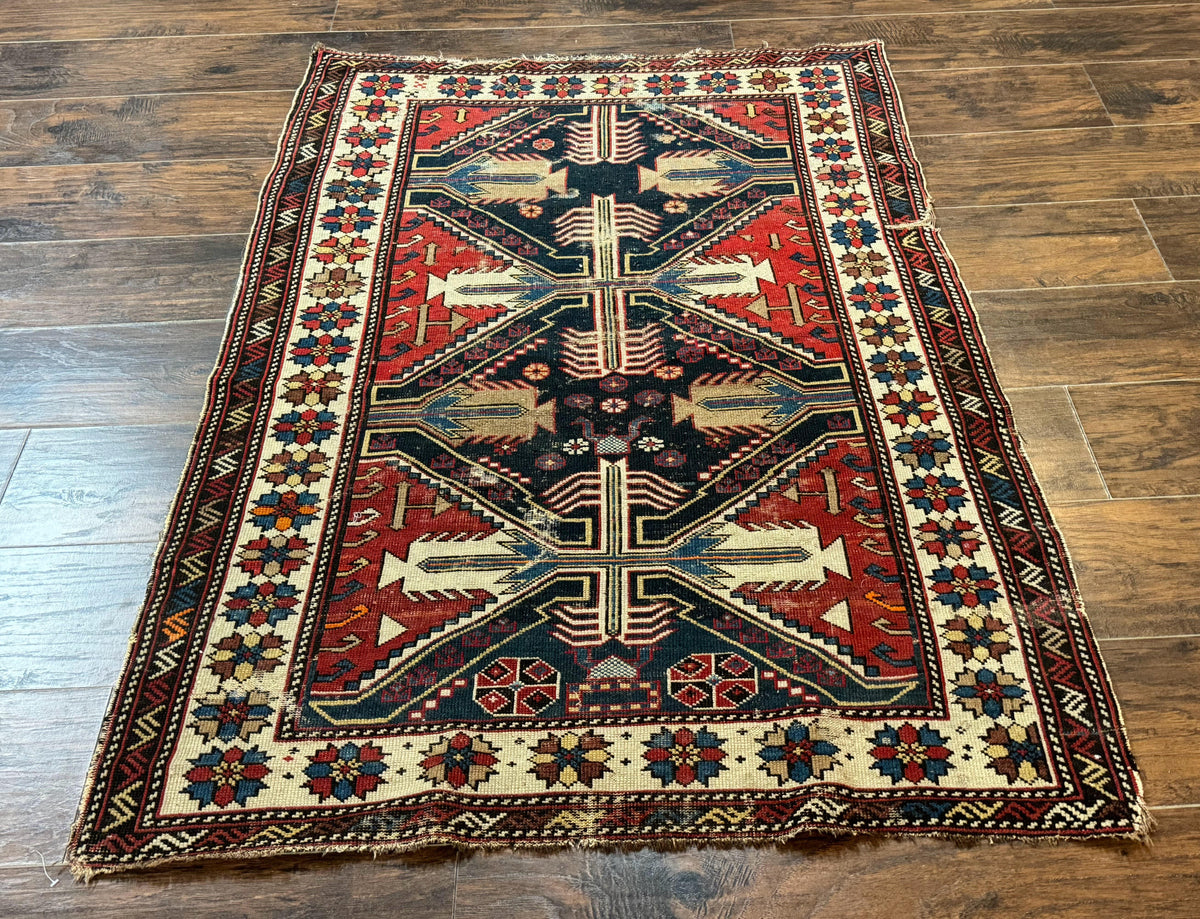 Antique Shirvan Caucasian Rug 3x5, Geometric Pattern, Red Navy Blue Beige - Jewel Rugs, view 2