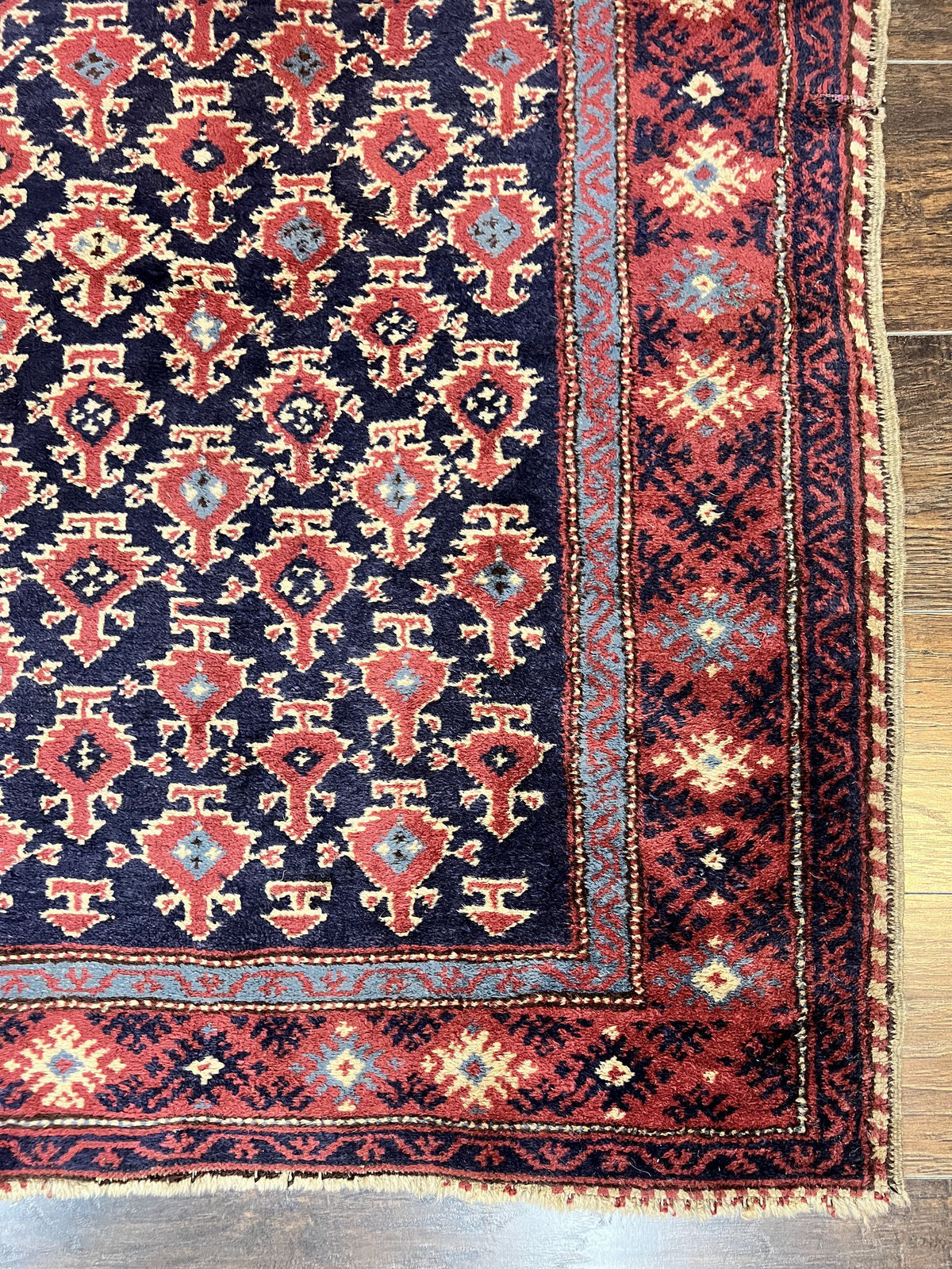 Turkish Sparta Rug 3x4, Allover Pattern, Navy Blue and Red, Antique Ispara Oriental Carpet 3 x 4, Small Turkish Handmade Vintage Wool Rug - Jewel Rugs, view 10