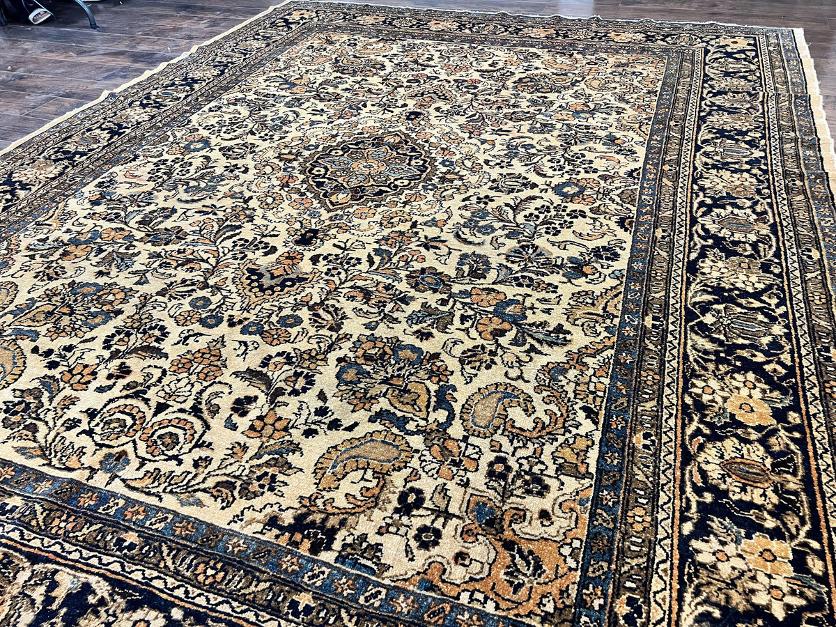 Antique Persian Rug 9x11, Wool Handmade 1920s Oriental Carpet, Persian Hamadan Anjelas Rug, Cream Black, Floral Allover Oriental Rug 9 x 11 Room Sized Rug - Jewel Rugs, view 2