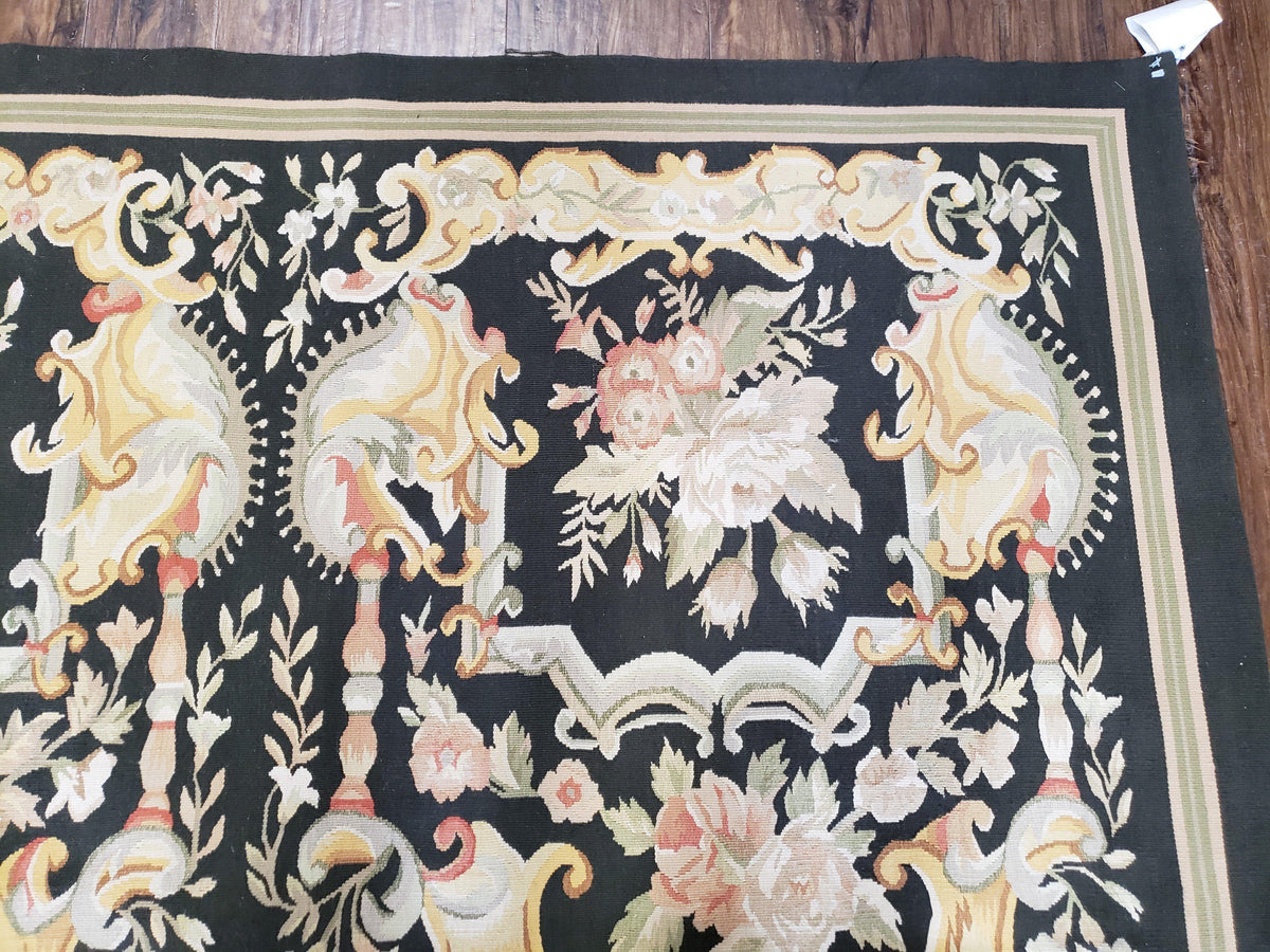 Vintage Black Aubusson Area Rug 8x10, Large Flowers Chinese Aubusson Carpet 7.9 x 10, Wool Hand-Knotted Floral Pattern Flat Weave Rug Nice - Jewel Rugs, view 8