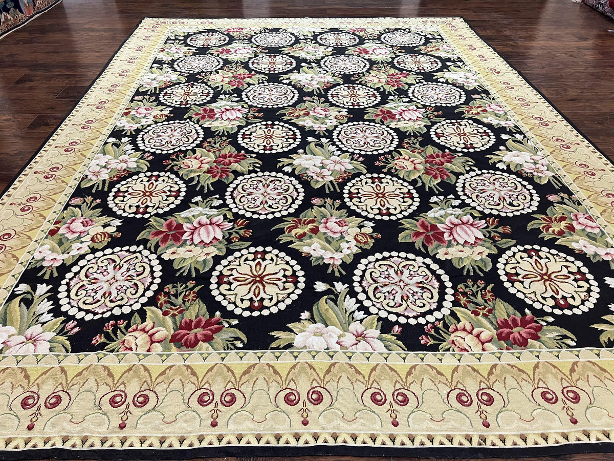 9x12 Black Needlepoint Rug, European Floral Panel Design, Handwoven, Vintage Chinese Needlepoint, Black Green Beige, Wool Rug 9 x 12 - Jewel Rugs, view 2