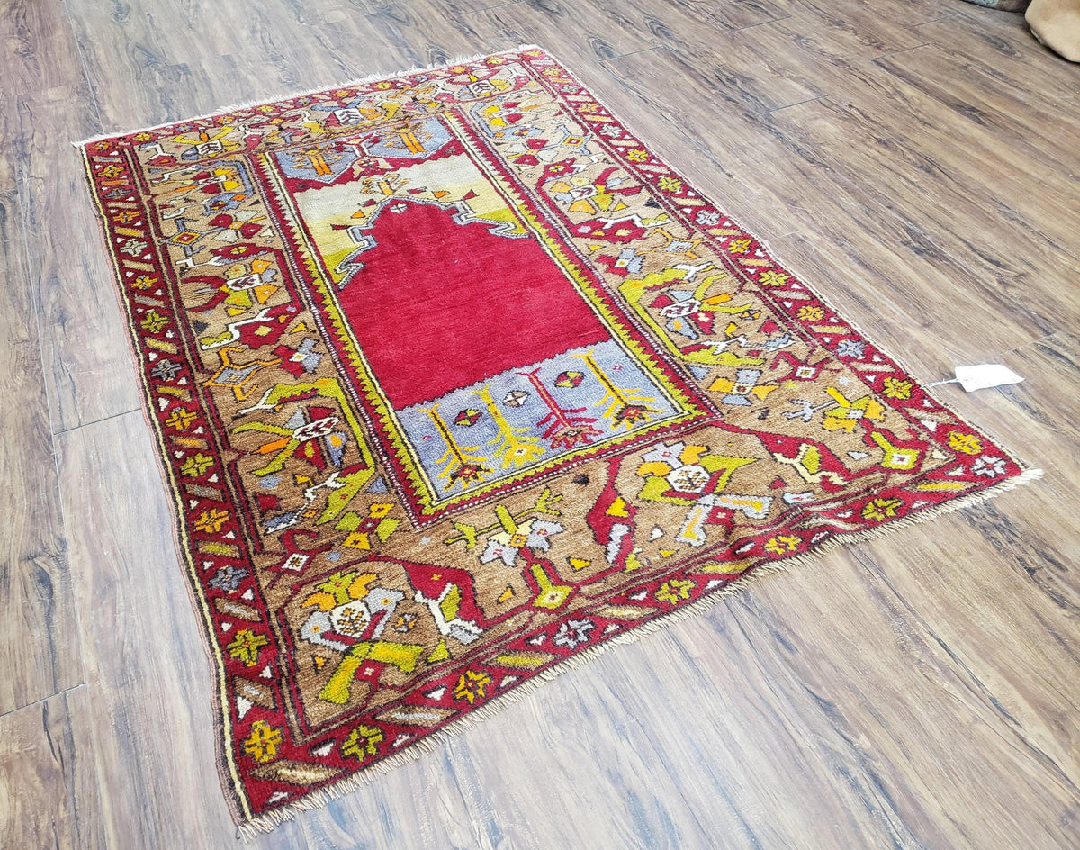 Antique Turkish Prayer Rug 3.8 x 5ft, Colorful Prayer Rug, Red Blue Gold Multicolor Turkish Anatolian Carpet, Handmade Hand-Knotted, Wool - Jewel Rugs, view 3