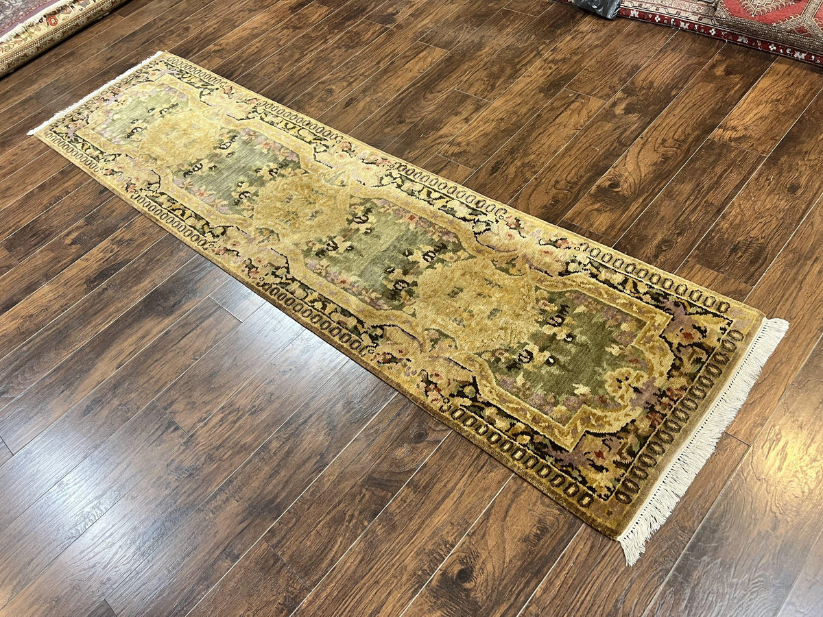Tibetan Runner Rug 2.6 x 10, French Aubusson Pattern, Gold Olive Green, Vintage Handmade European Design, Wool Hallway Rug - Jewel Rugs, view 12