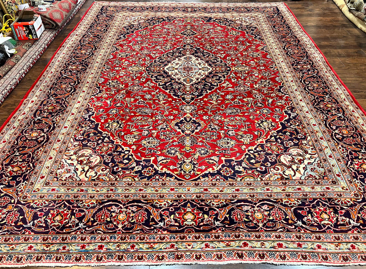 Persian Kashan Rug 10x13, Floral Medallion, Traditional Area Rug, Red Navy Blue Ivory, Handmade Semi Antique Vintage Wool Oriental Carpet 10 x 13 - Jewel Rugs