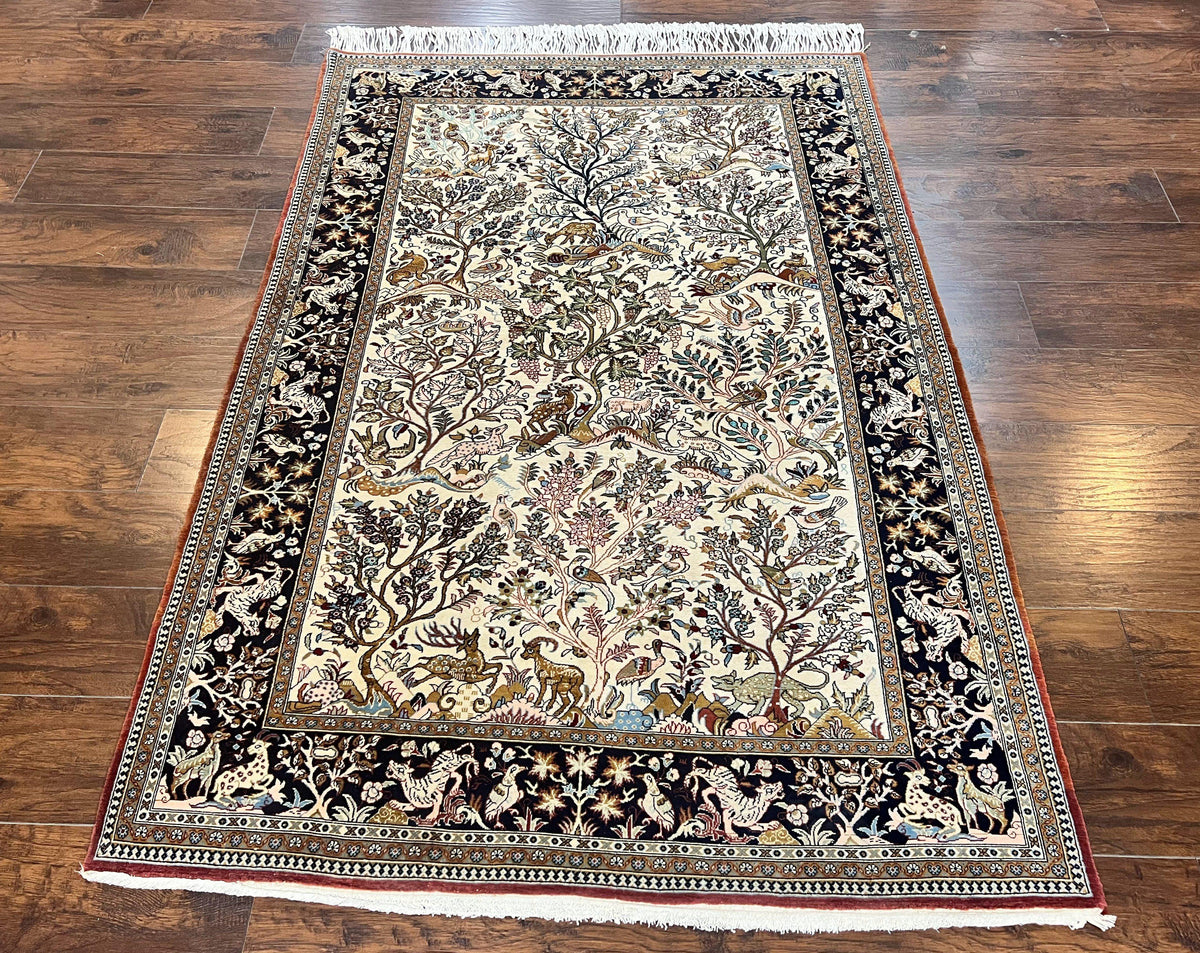 Persian Qum Tree of Life Rug 5x7, Wool and Silk Highlights, Animal Motifs, Vintage Hand Knotted Handmade Cream & Black Fine Oriental Carpet - Jewel Rugs, view 2