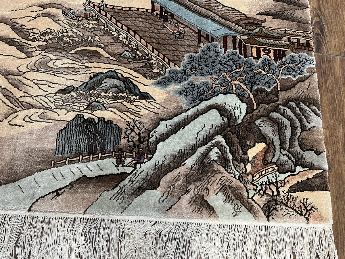 Silk Chinese Wall Hanging Rug 3x6 ft Tapestry, Pagoda Scene, Pictorial, High Quality Fine Hand Knotted Vintage, Asian Oriental Handmade Nice - Jewel Rugs, view 10