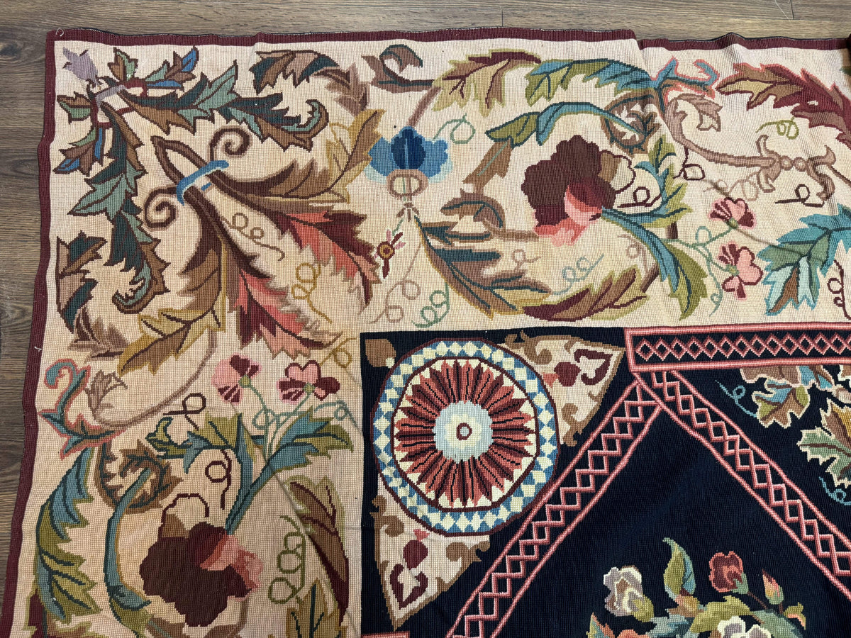 Palace Size Needlepoint Rug 12x20, European French English Aubusson Floral Design, Black and Beige - Jewel Rugs, view 6