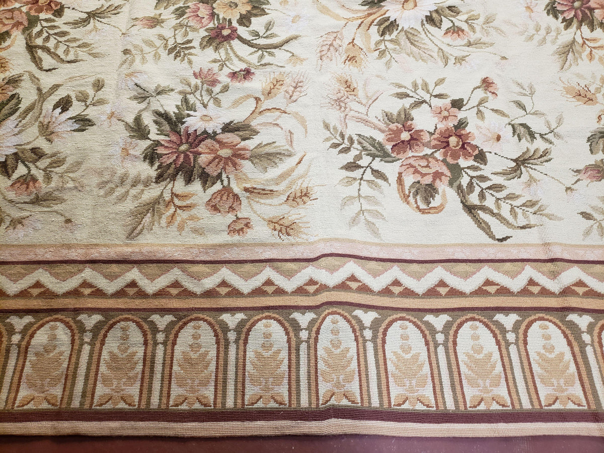 Needlepoint Rug 8x10 Aubusson Rug Victorian Floral Rug Handmade French Style French Decor Garden Panel Beige 8 x 10 Area Rug 100% Wool - Jewel Rugs, view 9