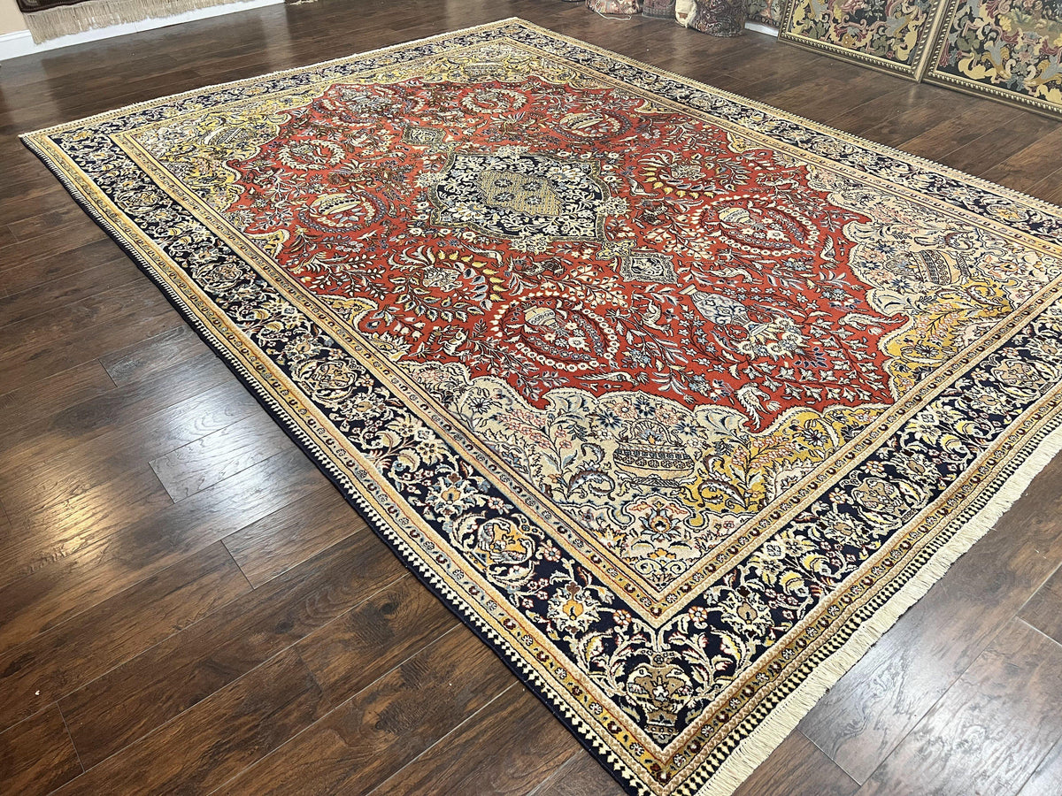 Wonderful Persian Qum Rug 10x14, Wool w/ Silk Highlights, Hand Knotted Semi Antique Vintage Carpet, Red, Floral, Fine Weave, Birds Deer Pictorials - Jewel Rugs, view 12