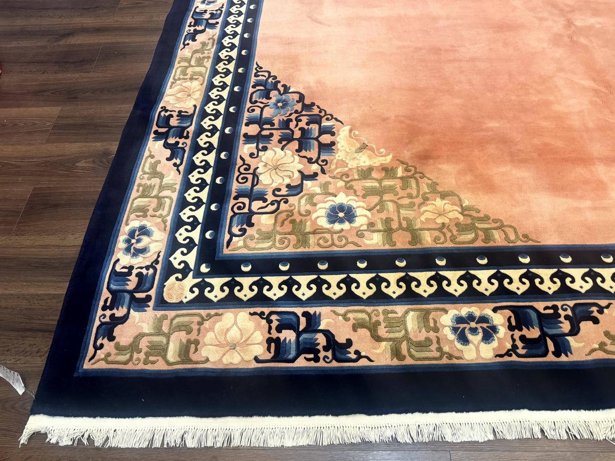 Chinese Wool Rug 11x18, Palace Sized Chinese Carpet, Peking Rug, Peach and Blue, Open Field, Simple Design, Art Deco Rug, Large Handmade Rug - Jewel Rugs, view 9