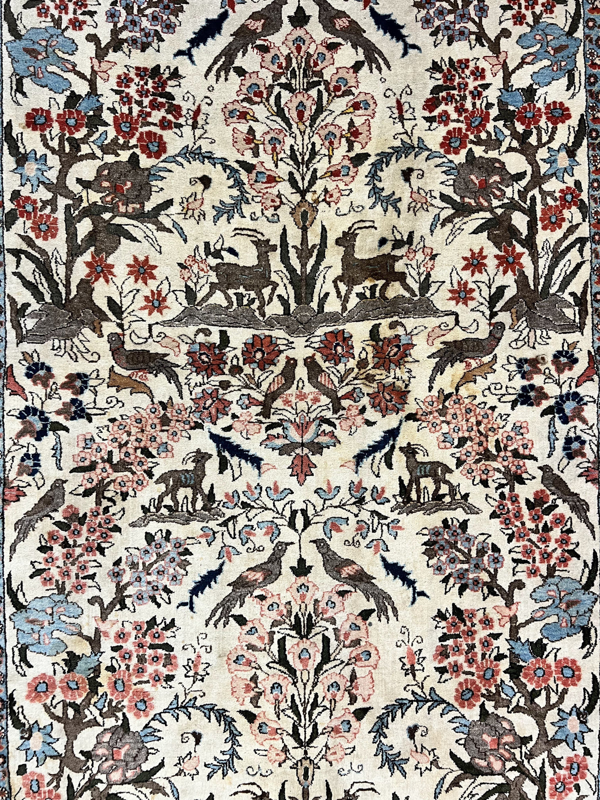 Persian Tree of Life 5x7, Qum Rug, Animal Motifs, Deer Birds, Fine 225 KPSI, Semi Antique Wool Rug, Cream Red - Jewel Rugs, view 4