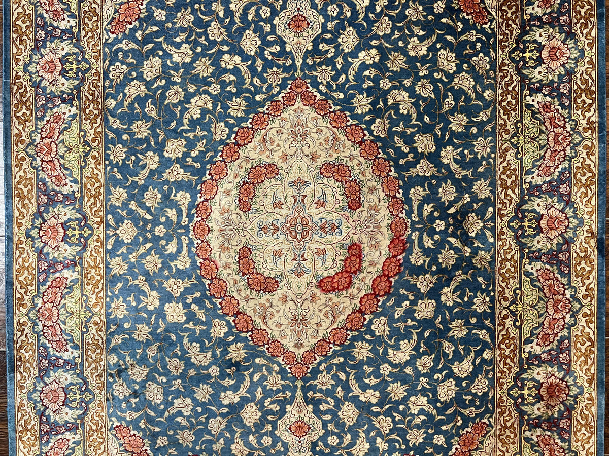 Magnificent Persian Qum Silk Rug 3x5, Blue, Super Fine 675 KPSI - 70 Raj, Floral Roses, Handmade Vintage Silk Carpet, Masterpiece - Jewel Rugs, view 4