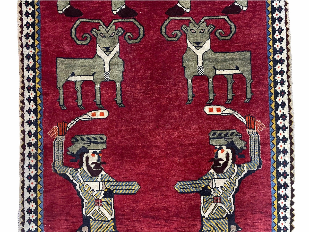 3 X 6 Handmade Wool Rug Tribal Balouch Warriors Deer Animal Pictorial Red Swords - Jewel Rugs, view 5
