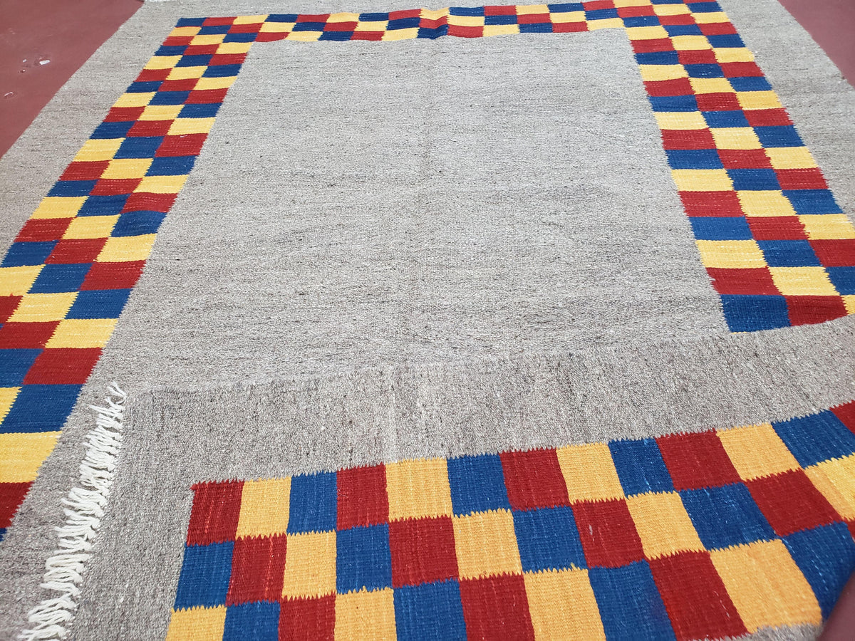 New Turkish Kilim Area Rug, Gray Carpet With Colorful Checker Border, 5'6" x 8", Flatweave Carpet, Playroom Rug, Kids Room Rug, Hand-Knotted - Jewel Rugs, view 10