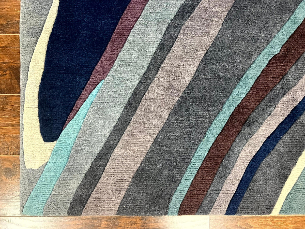 Modern Nepali Handmade Wool Rug 6x8, Blues Gray Mauve, Abstract, Nepali Tibetan Rug - Jewel Rugs, view 9