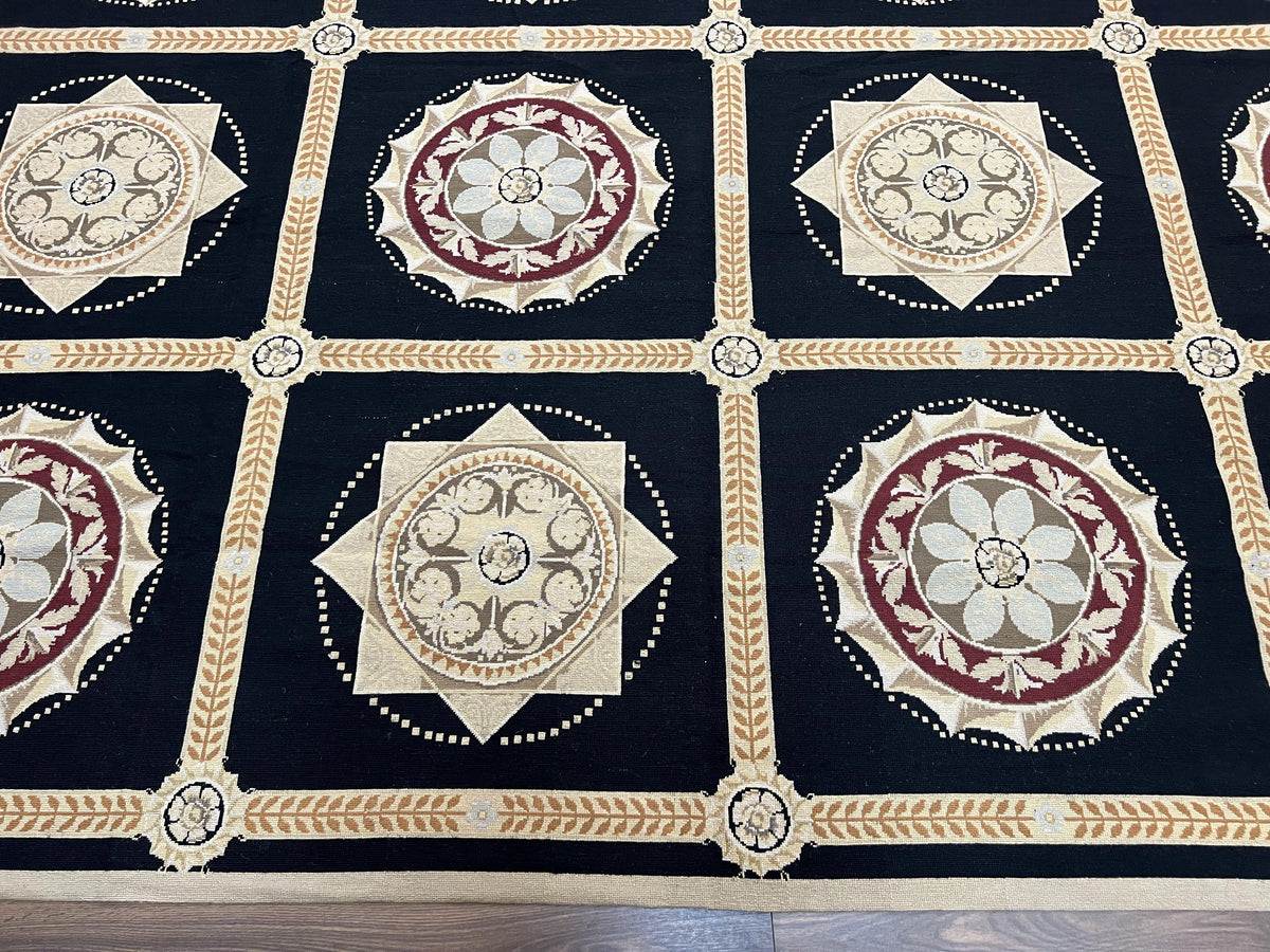 Large Needlepoint Rug 10x13, Panel Design, Black and Beige, Wool Needlepoint Carpet 10 x 13, English Garden, Handwoven Area Rug, Living Room - Jewel Rugs, view 6