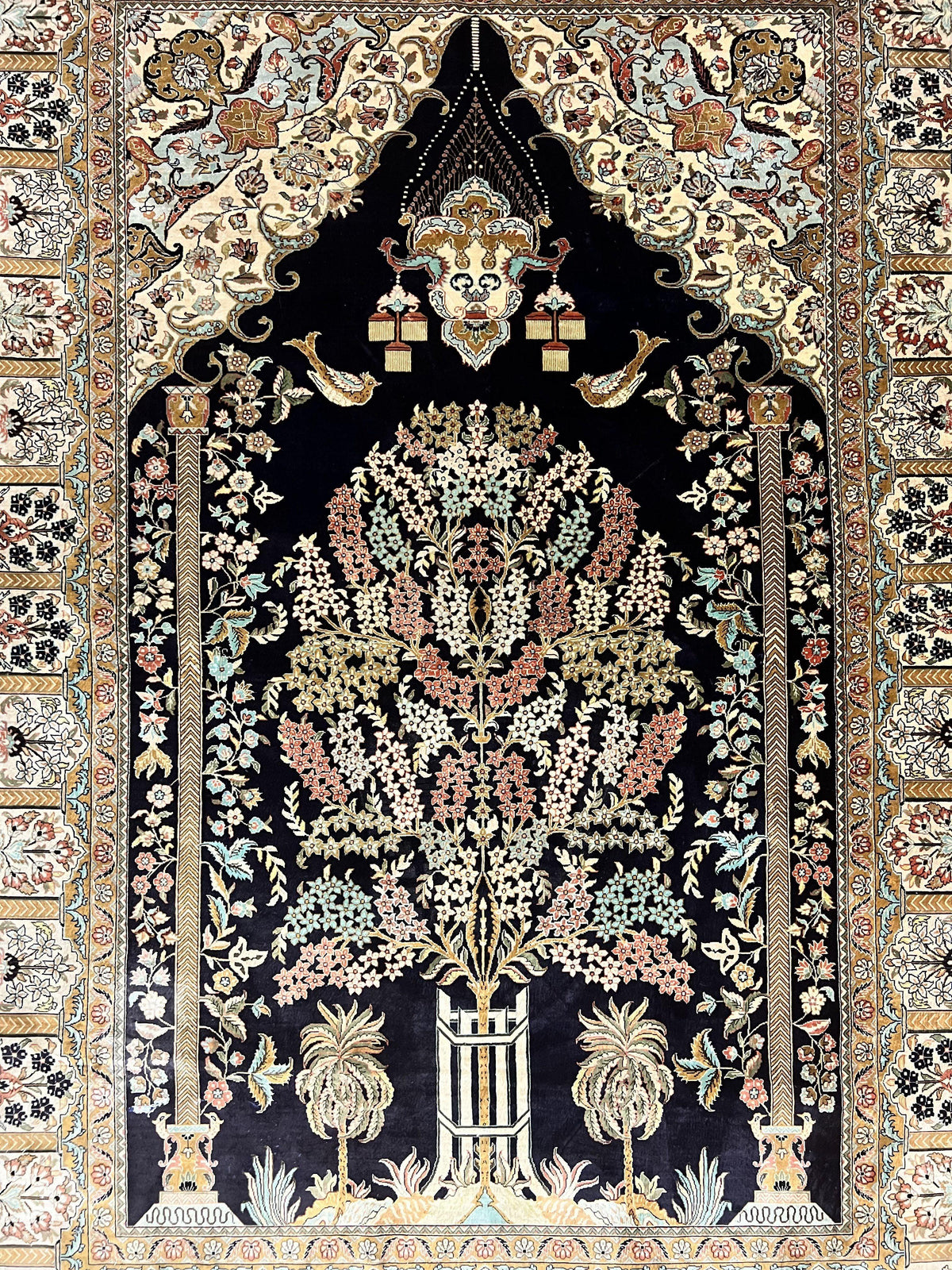 Wonderful Sino Persian Silk Rug 4x6, Tree of LIfe Design, Masterpiece 575 KPSI, Birds, Prayer Rug, Black, Silk on Silk - Jewel Rugs, view 3