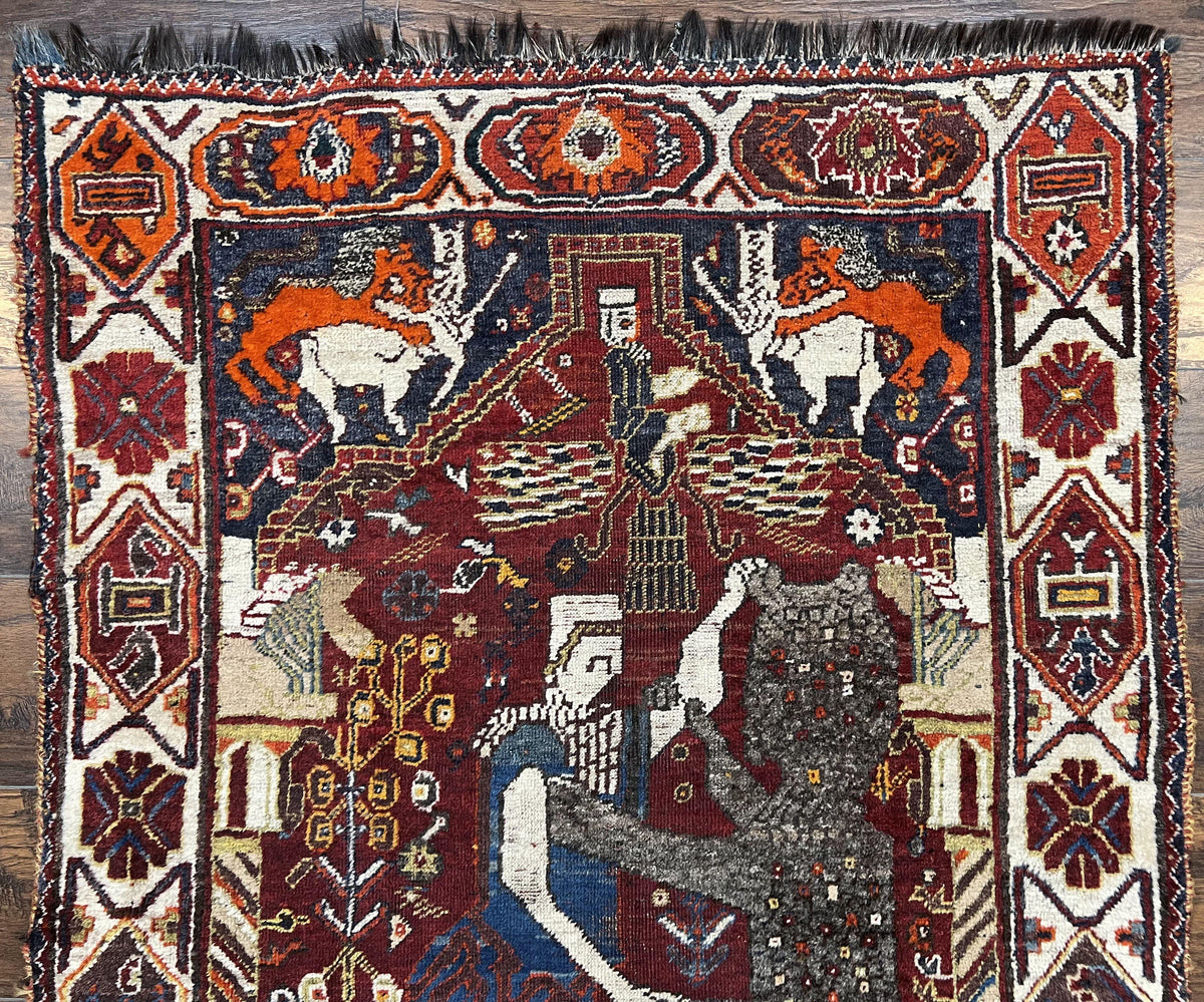 Antique Persian Shiraz Pictorial Rug 3.6 x 5, Persian Tribal Rug, Handmade, Lions, Highly Unique Collectible Small Persian Carpet, Maroon, Wool - Jewel Rugs, view 4
