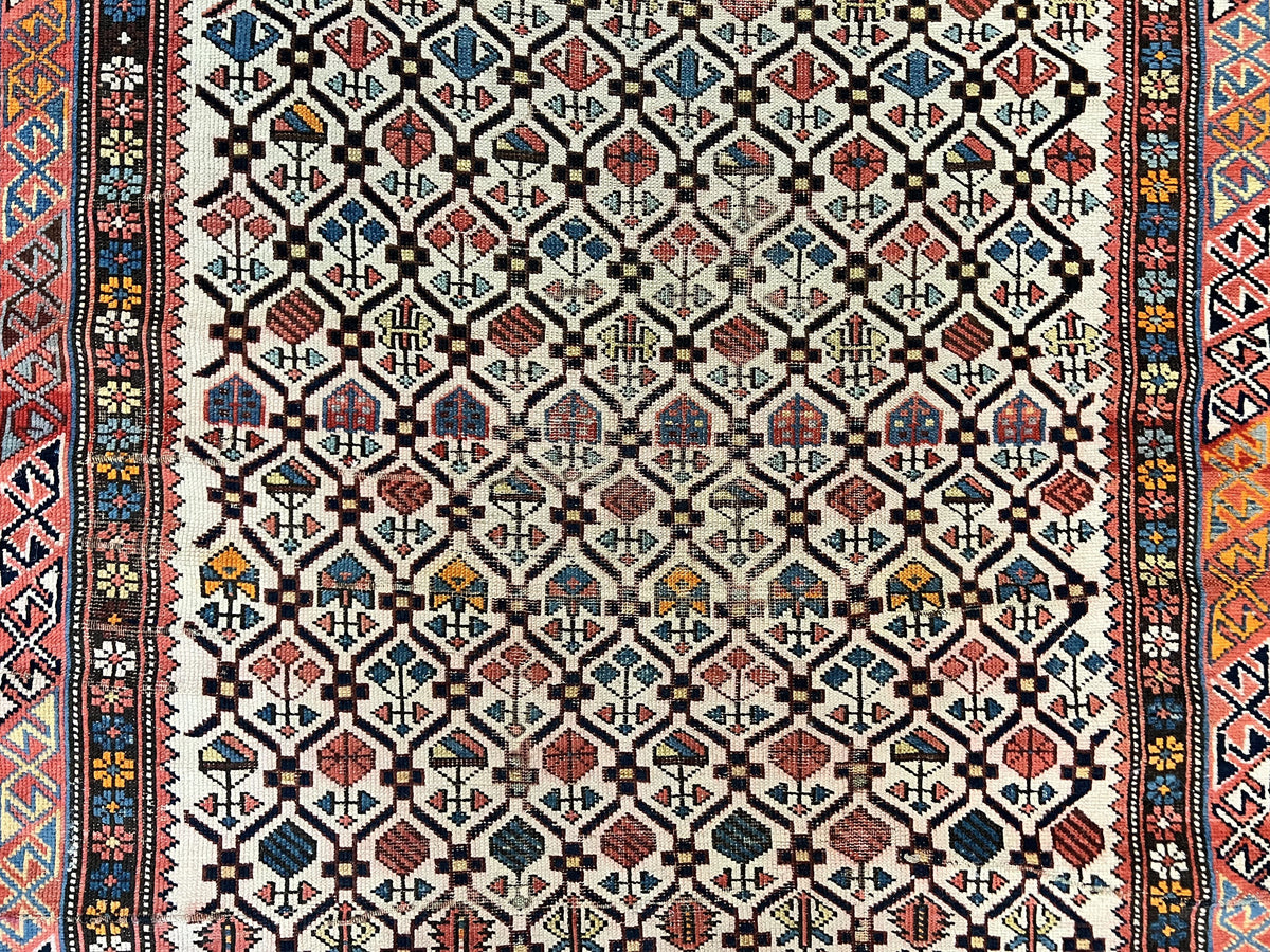 Antique Caucasian Rug 4x5, Hand Knotted Handmade Shirvan Oriental Carpet, Ivory Red Rug Allover Pattern, Rare Wool Rug, Tribal Geometric Rug - Jewel Rugs, view 3