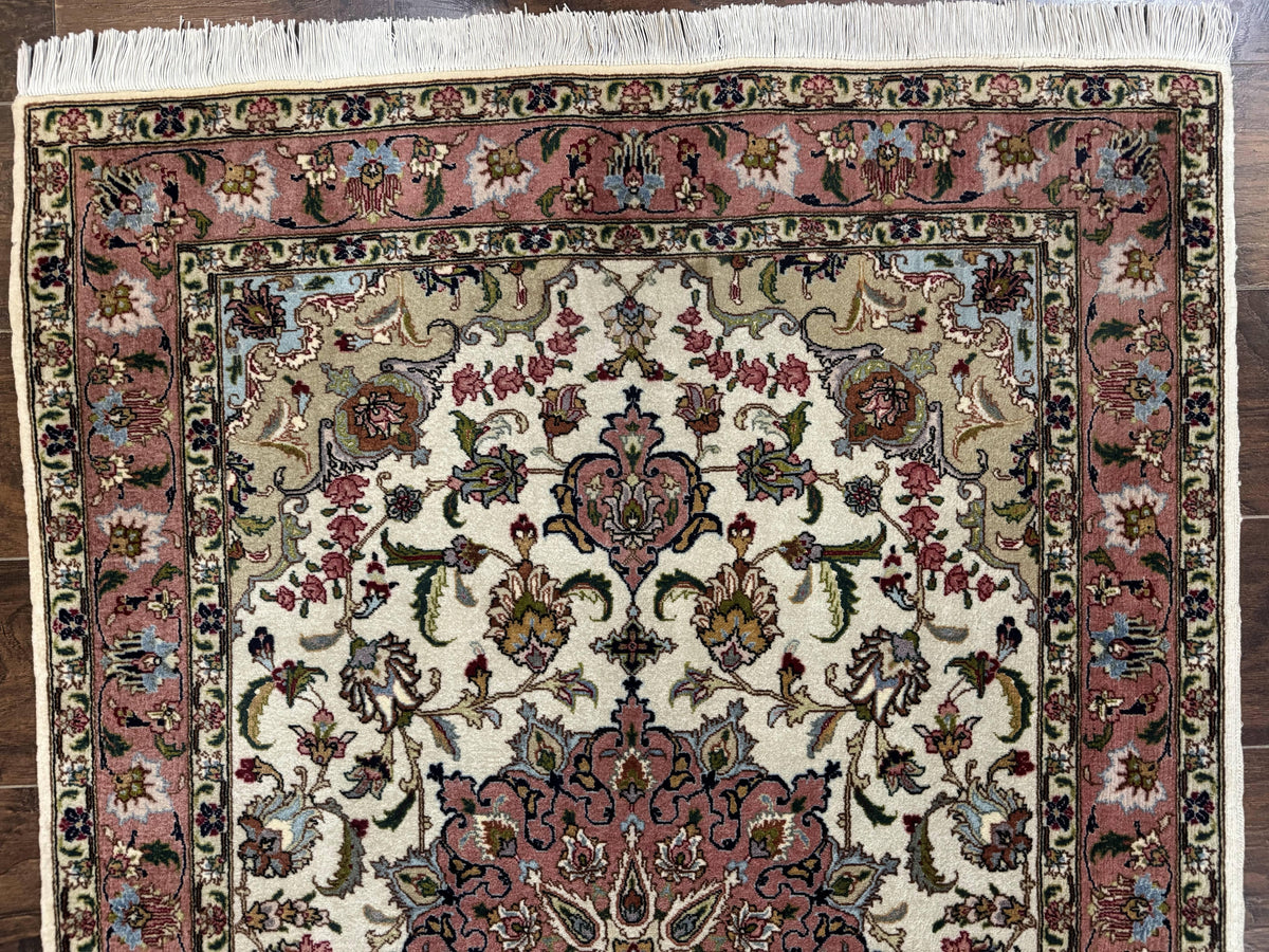 Fine Persian Tabriz Rug 3x5, Floral Medallion, 340 KPSI, Ivory Salmon - Jewel Rugs, view 4