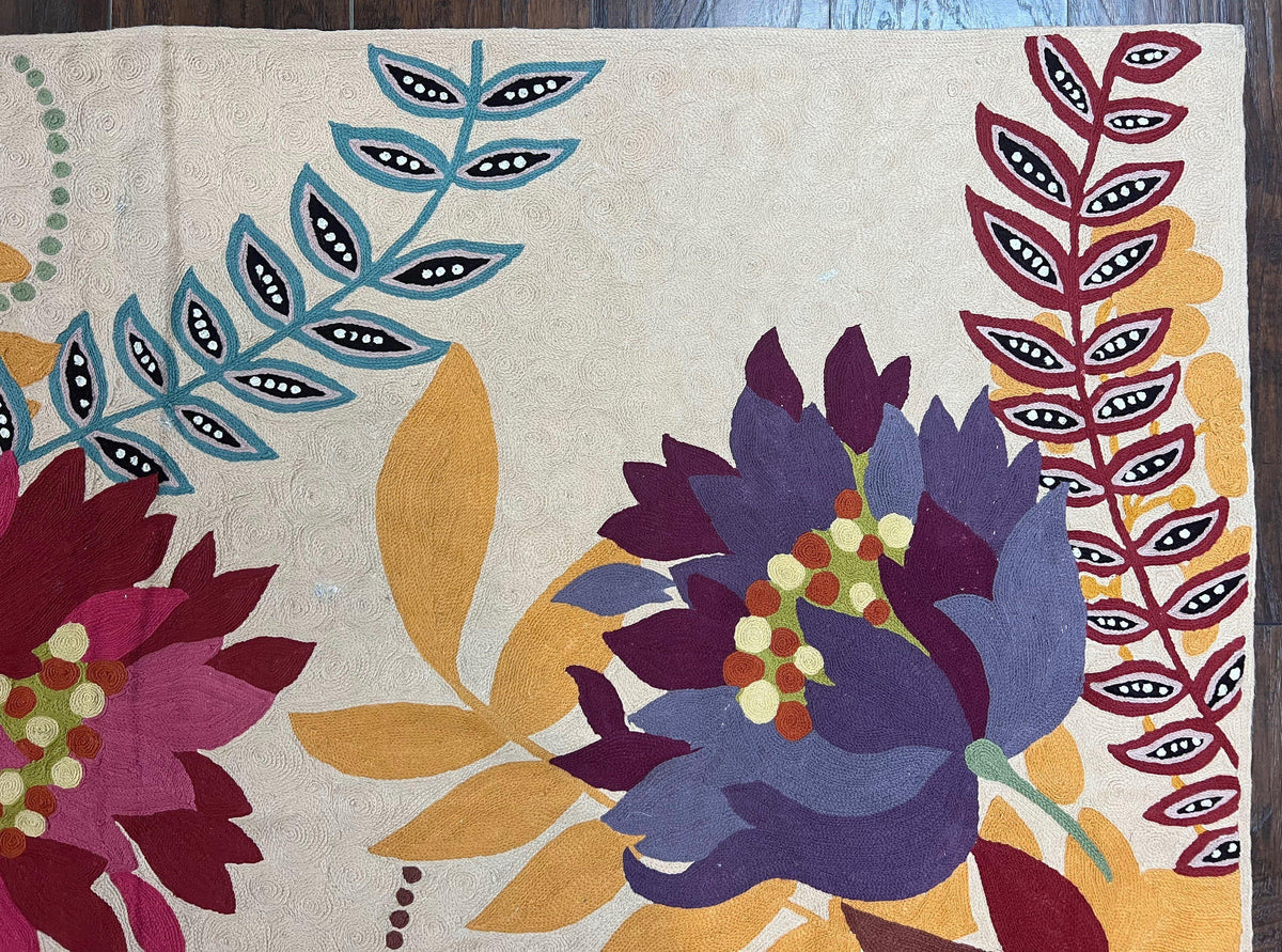 Indian Chain Stitched Rug 4x6, Hand Stitched Indian Embroidery Carpet, Large Floral Design, Contemporary, Cream and Colorful Flowers, Wool - Jewel Rugs, view 8