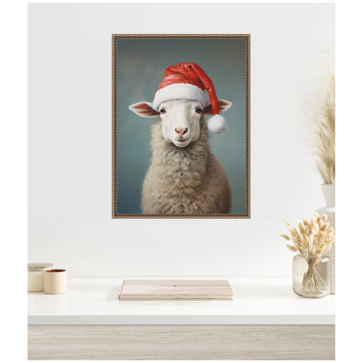 Sylvie Beaded Sweet Sheep Santa Hat Framed Canvas by The Creative Bunch Studio