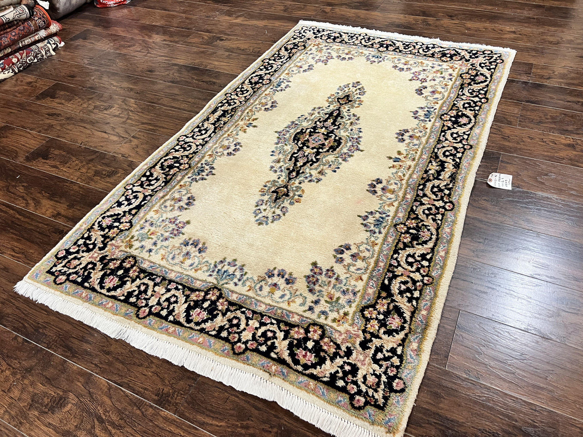 Persian Kirman Rug 4x7, Wool Hand Knotted Antique Carpet, Beige, Semi Open Field Medallion Rug, Traditional Handmade Oriental Rug - Jewel Rugs, view 3