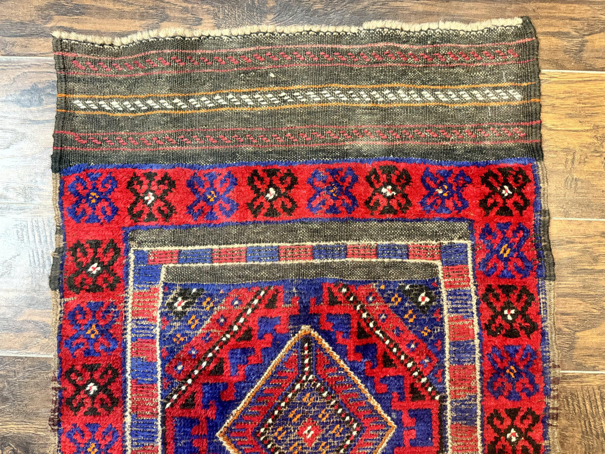 Turkoman Runner Rug 2 x 8.6, Skinny Runner, Handmade Wool Carpet for Hallway, Red and Blue, Wool, Vintage 8ft Runner - Jewel Rugs, view 4